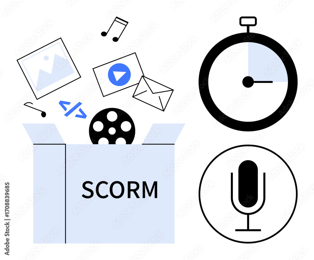 Aufkleber open box labeled scorm with multimedia icons spilling out, including audio, video, code, and email, 