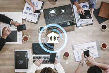 A global FinTech and digital banking network technology concept. A central financial system...