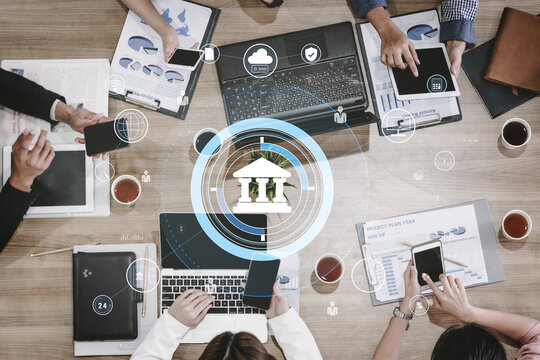 A global FinTech and digital banking network technology concept. A central financial system connected to the worldwide digital economy and services. Motif