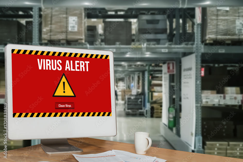Poster virus warning alert on computer screen detected modish cyber threat , hacker, computer virus and mal