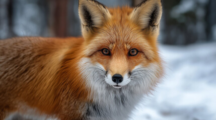 Fototapeta premium Close-up of red fox in snowy forest, fur glowing in soft light, piercing eyes in focus