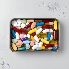 Assorted pills in a metal tin on a light gray surface