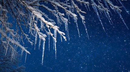 Long icicles hang from a snow covered tree branch against a dark blue sky with snowflakes falling