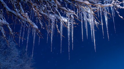 Long icicles hang from a snow covered tree branch against a dark blue sky in winter season