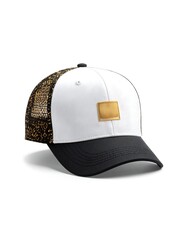White baseball cap with black brim and gold square patch, mesh back