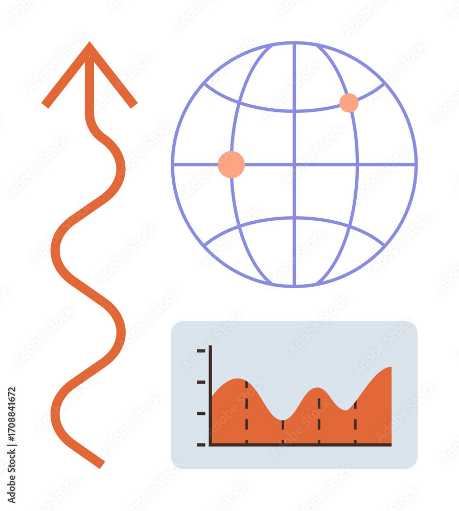 Poster curved arrow pointing up, globe with marked points, and graph highlight analysis, global reach, and 