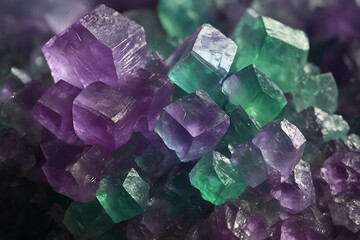 Fototapeta premium Macro of fluorite crystal clusters in purple and green hues