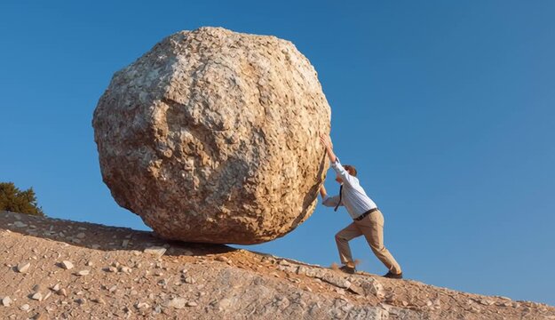 Business man pushing large stone up to hill , Business heavy tasks and problems concept.