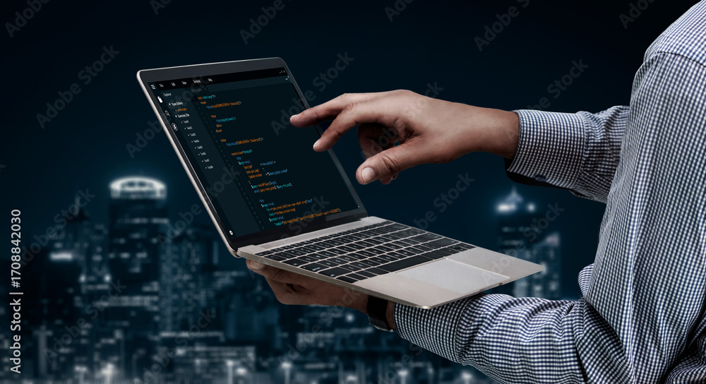 Poster software development programming on computer screen for modish application and program coding