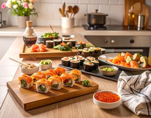 Assorted sushi and seafood platter on a kitchen counter