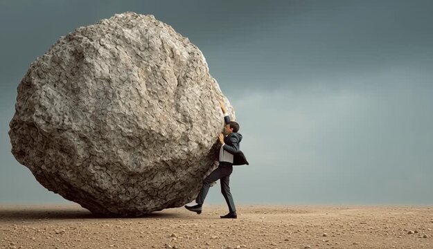 Business man pushing large stone up to hill , Business heavy tasks and problems concept.