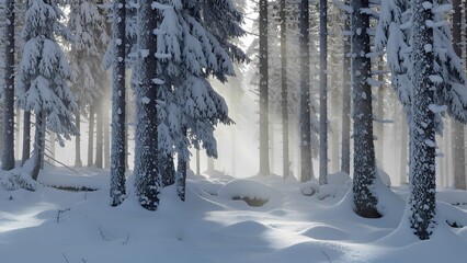 Snow-covered pine forest with sun rays through mist, peaceful winter nature background