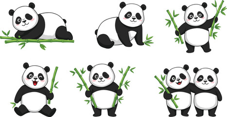 Cute panda cartoon illustration set, adorable panda with bamboo, funny panda mascot design, happy panda character, wildlife animal vector art © Biplob Creatives