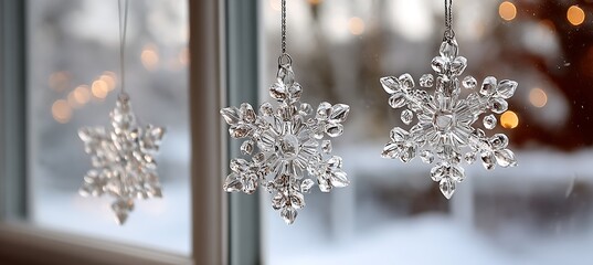 Three decorative crystal snowflakes hanging in front of a window with a snowy landscape outside