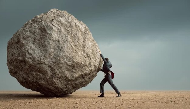 Business man pushing large stone up to hill , Business heavy tasks and problems concept.