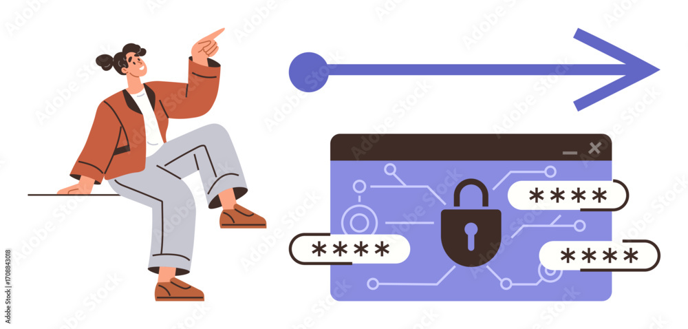 Poster woman gestures to a secured browser interface displaying encryption and passwords, with an arrow sym