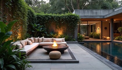 Modern outdoor living space features fire pit surrounded by comfortable seating area, plants, next to garden wall, decorative pool. Bali-style design with natural colors creates warm, minimalist