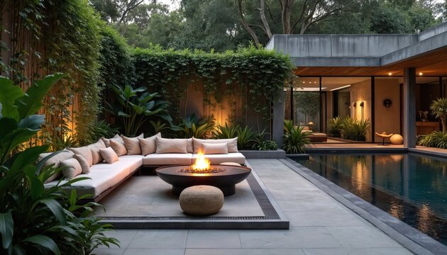 Modern outdoor living space features fire pit surrounded by comfortable seating area, plants, next to garden wall, decorative pool. Bali-style design with natural colors creates warm, minimalist