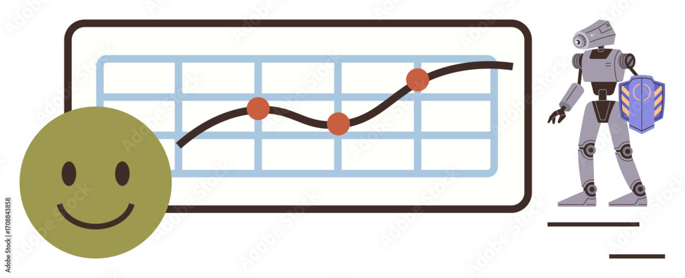 Aufkleber line graph with upward trend and red data points, green smiling face, and robot. ideal for technolog