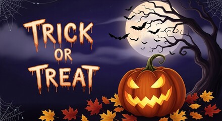 A jack-o'-lantern sits among fallen leaves beneath a glowing moon, with bats flying near a bare tree, spelling out 'Trick or Treat'.