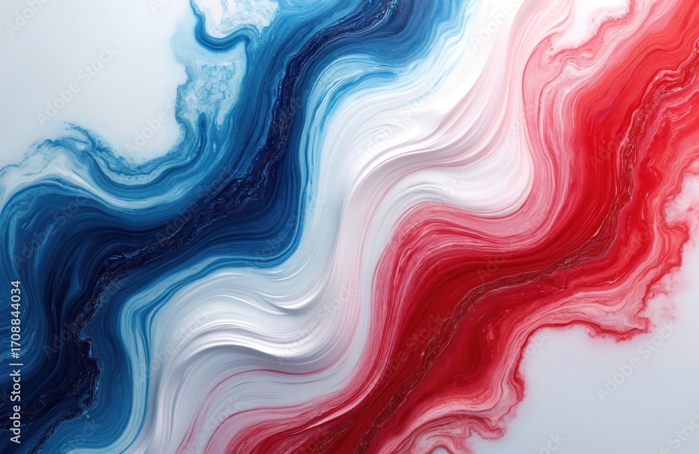 Poster abstract illustration features fluid red, white, blue marble-like textures with swirling patterns. v