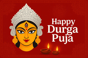 Happy durga puja greeting card design with goddess durga face and diya, celebrating happy navaratri and dussehra festival of india