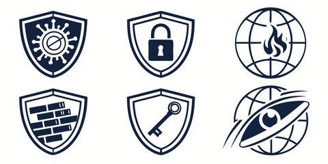 Collection of six dark blue security and protection shield icons with various symbols isolated on white background silhouette