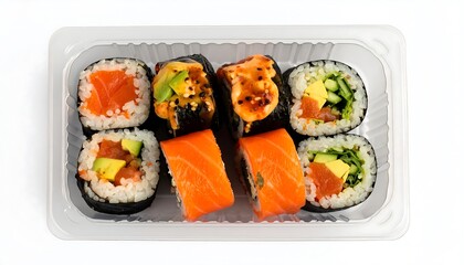 Assorted sushi rolls in a plastic container