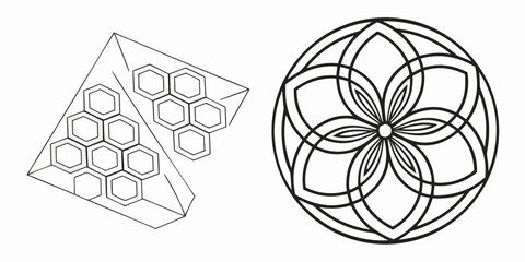 Geometric honeycomb structure and sacred geometry flower of life silhouette isolated on white background