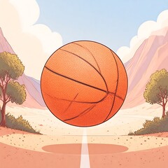 Basketball floating in desert landscape
