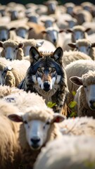 A lone wolf amidst a flock of sheep