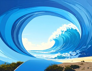 A vibrant, stylized wave