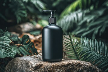 Black pump bottle on rocks, lush foliage