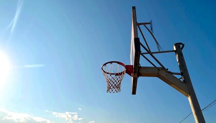 Basketball hoop against a vibrant blue sky