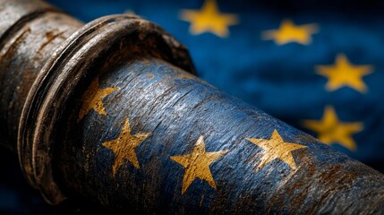 Rusty cannon barrel rests against a backdrop of European Union flag highlighting stars and colors in contrast