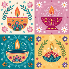 Colorful Diwali Diya Art Illustration &ndash; Decorative Oil Lamps with Floral and Festive Elements for Diwali greeting cards, festive invitations, posters, banners, social media etc