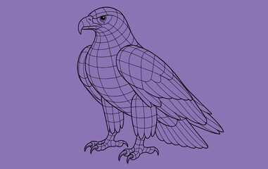 3D Polygon Wireframe Vector Illustration of Eagle in Side Pose – Black Mesh Bird on Purple Background
