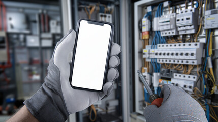 Gloved Hands with Phone and Screwdriver at Open Control Box – Electrical Work Scene