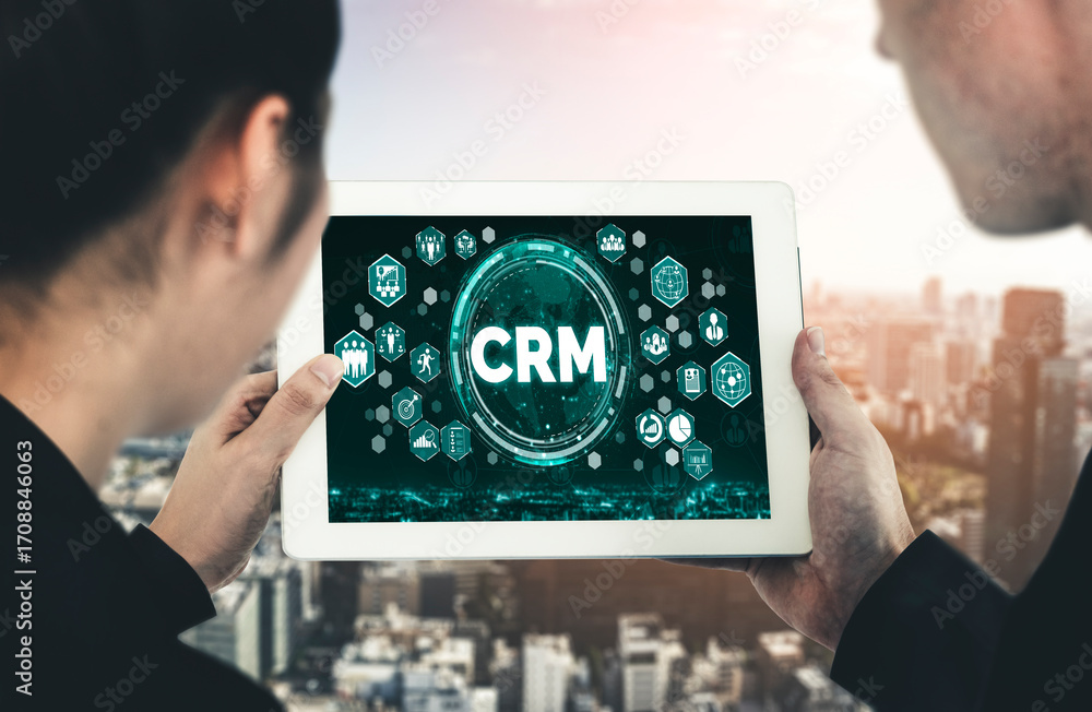 Aufkleber customer relationship management system on modish computer for crm business and enterprise
