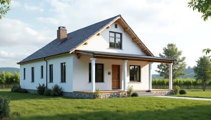 Small two-story house with white walls, black windows, dark roof. Features welcoming porch with wooden columns, stone foundation. Set in grassy landscape with trees, rolling hills in background.