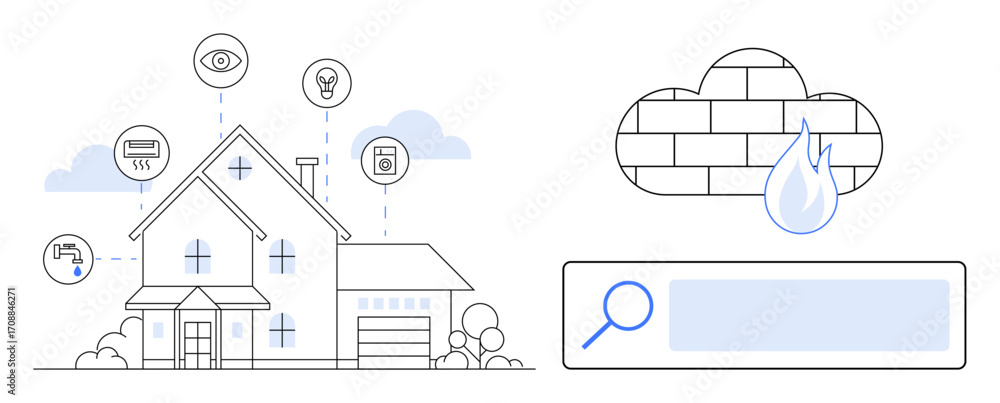 Poster modern house connected to security devices, cloud firewall, and search function. ideal for home auto