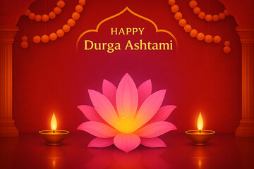 Happy durga ashtami festival banner with marigold flower garland, diya lamps, and goddess durga lotus for a traditional indian celebration of durga puja