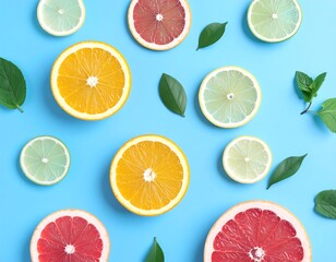 Obraz premium Citrus slices and leaves on blue