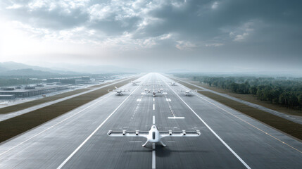 Fototapeta premium Runway Horizon: A fleet of futuristic aircraft are arrayed on a sprawling asphalt runway, under a dramatic, cloud-filled sky that hints at the boundless possibilities of air travel.