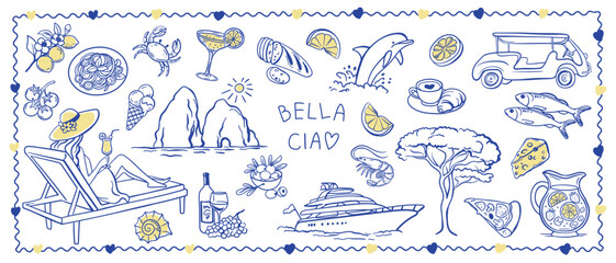 Hand-drawn Italy vacation vector set with coastal symbols: lemons, pasta, pizza, wine, yacht, seafood, sun, beach woman, Capri rocks, and "Bella Ciao" text. Mediterranean summer vibes © Yuliia