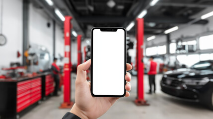 Hand Holding Smartphone with Blank Screen in Auto Repair Workshop