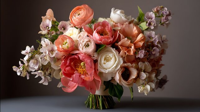 Beautiful flower bouquet arrangement of peonies and ranunculus for wedding and event floral decoration