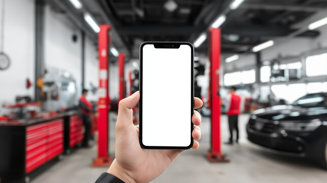 Hand Holding Smartphone with Blank Screen in Auto Repair Workshop