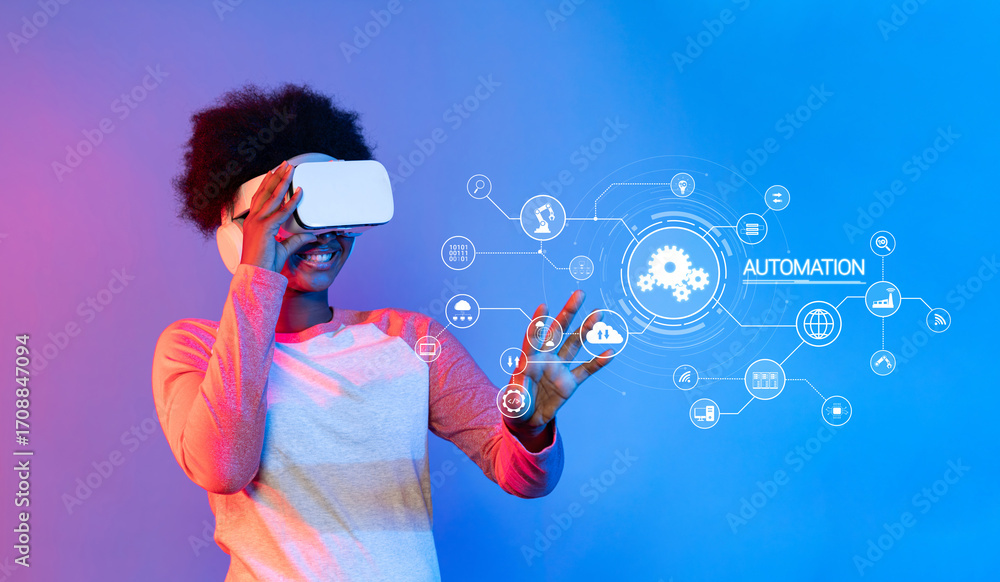 Poster a young individual explores the concept of automation through virtual reality, showcasing the inters