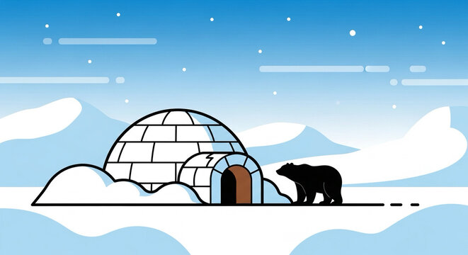 Flat design of igloo in snowy Arctic landscape with polar bear silhouette